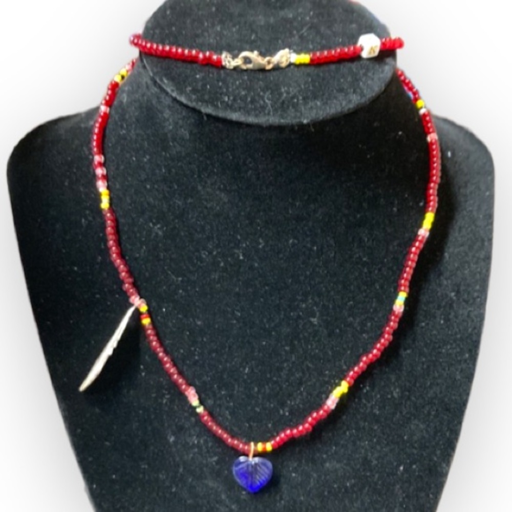 Native made blue heart beaded necklace